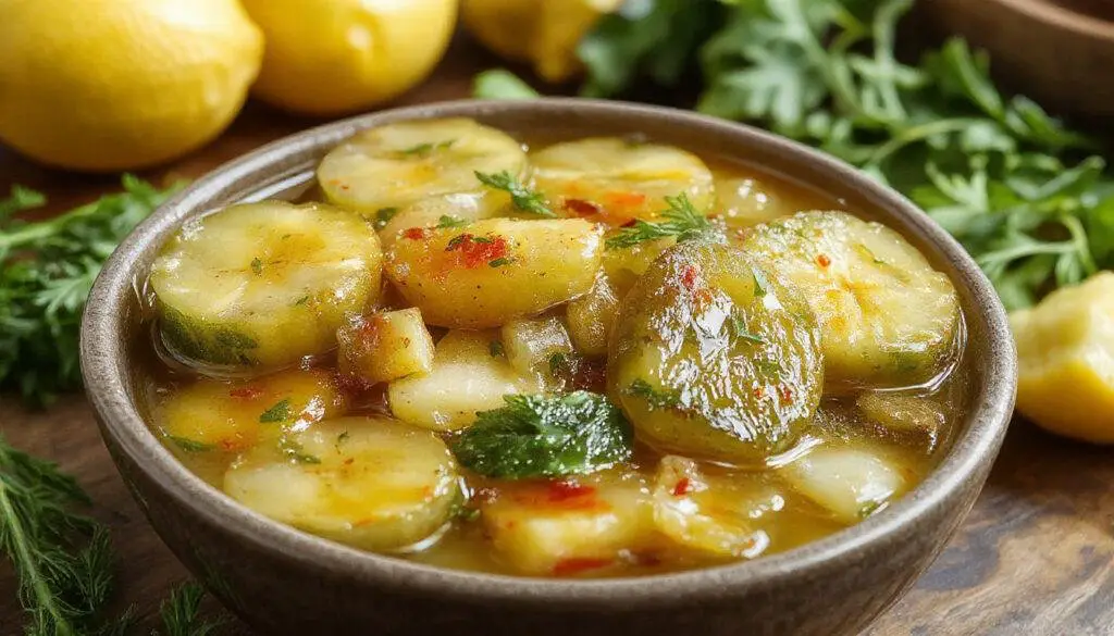 A glass jar filled with vibrant golden-yellow Amish sweet pickles, slices of cucumbers preserved with bright spices and a slightly glossy, sweet glaze. The jar is garnished with a sprig of dill and set against a rustic wooden background, highlighting the crunchy texture of the slices and the inviting appearance of the pickles.