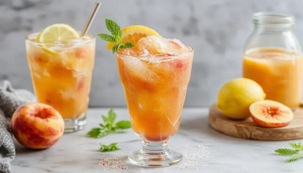 A vibrant glass filled with a peach-colored slushie showcasing a textured, icy surface, topped with a fresh lemon wedge and a sprig of mint, with some peach slices visible beside the glass on a rustic wooden surface.