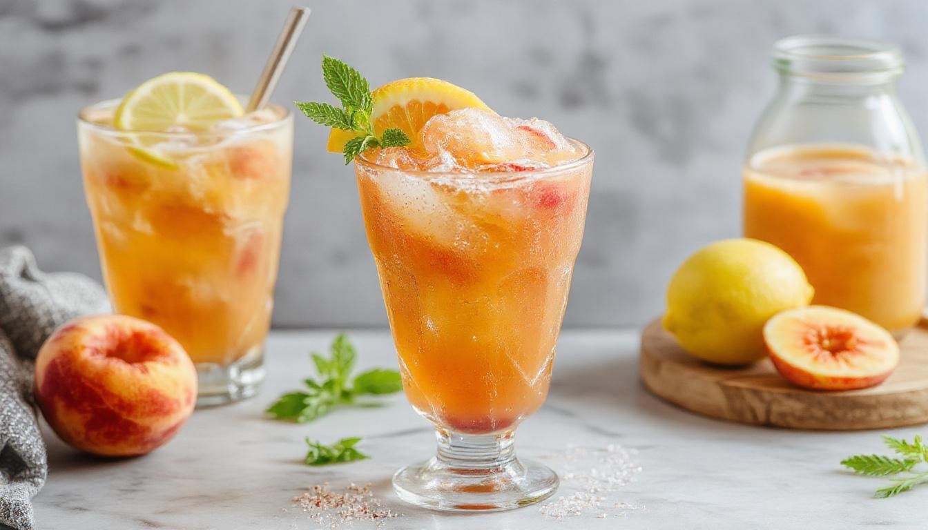 A vibrant glass filled with a peach-colored slushie showcasing a textured, icy surface, topped with a fresh lemon wedge and a sprig of mint, with some peach slices visible beside the glass on a rustic wooden surface.