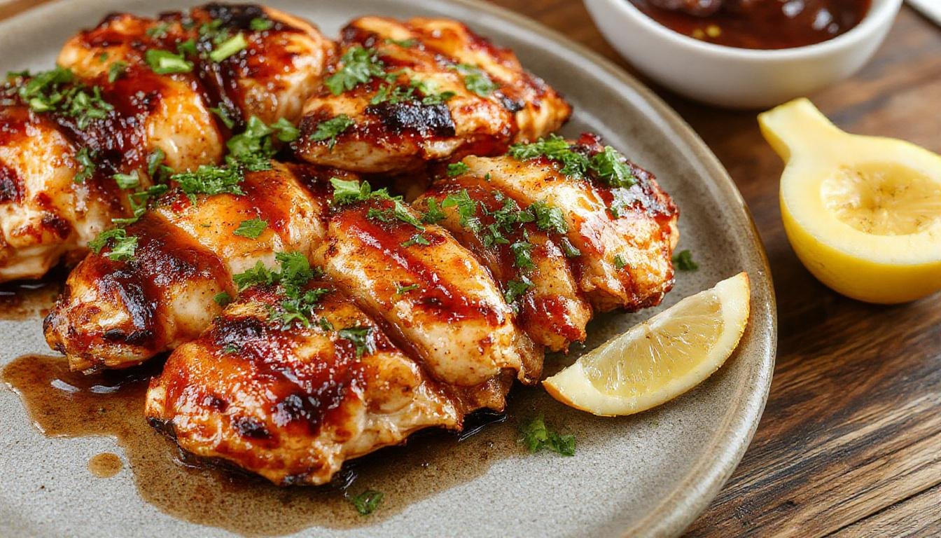 A close-up of tender grilled Hawaiian teriyaki chicken glazed with glossy, caramelized sauce, garnished with chopped green onions and sesame seeds, served on a rustic wooden platter with char marks visible. Juicy pieces glisten under the light, highlighting the smoky, sweet, and tangy flavors.