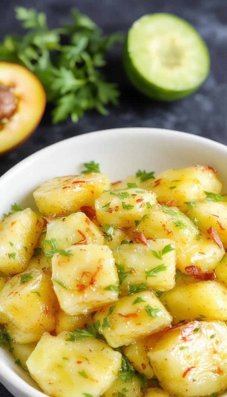 A vibrant bowl of pineapple and cucumber salad featuring bright yellow pineapple chunks intermingled with crisp green cucumber slices, garnished with fresh mint leaves, all presented in a clear glass bowl against a summery wooden table with sunlight filtering through.