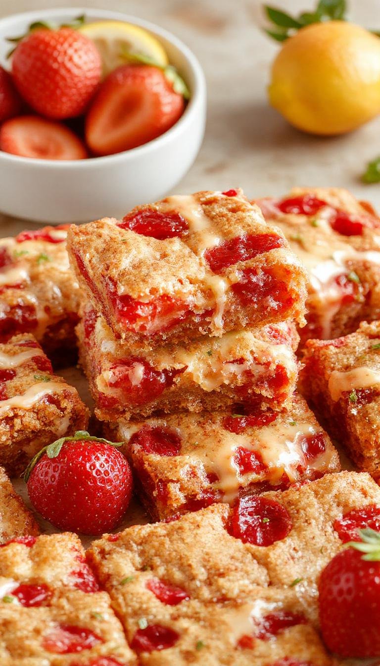 A close-up of golden-brown strawberry lemon blondies topped with fresh strawberry slices and a drizzle of lemon glaze, arranged on a rustic white plate. The blondies reveal a soft, chewy interior with bits of strawberries visible throughout, accented by vibrant red and yellow fruit toppings that add a fresh, colorful contrast.