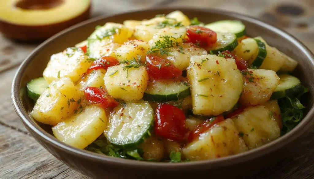 A vibrant bowl of tropical pineapple cucumber salad featuring bright yellow pineapple chunks, crisp green cucumber slices, and a sprinkle of fresh mint, all tossed in a glossy, tangy dressing. The colorful ingredients are attractively arranged, showcasing the freshness and textures of the salad, with a light drizzle highlighting its moist and crisp appeal.