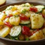 A vibrant bowl of tropical pineapple cucumber salad featuring bright yellow pineapple chunks, crisp green cucumber slices, and a sprinkle of fresh mint, all tossed in a glossy, tangy dressing. The colorful ingredients are attractively arranged, showcasing the freshness and textures of the salad, with a light drizzle highlighting its moist and crisp appeal.