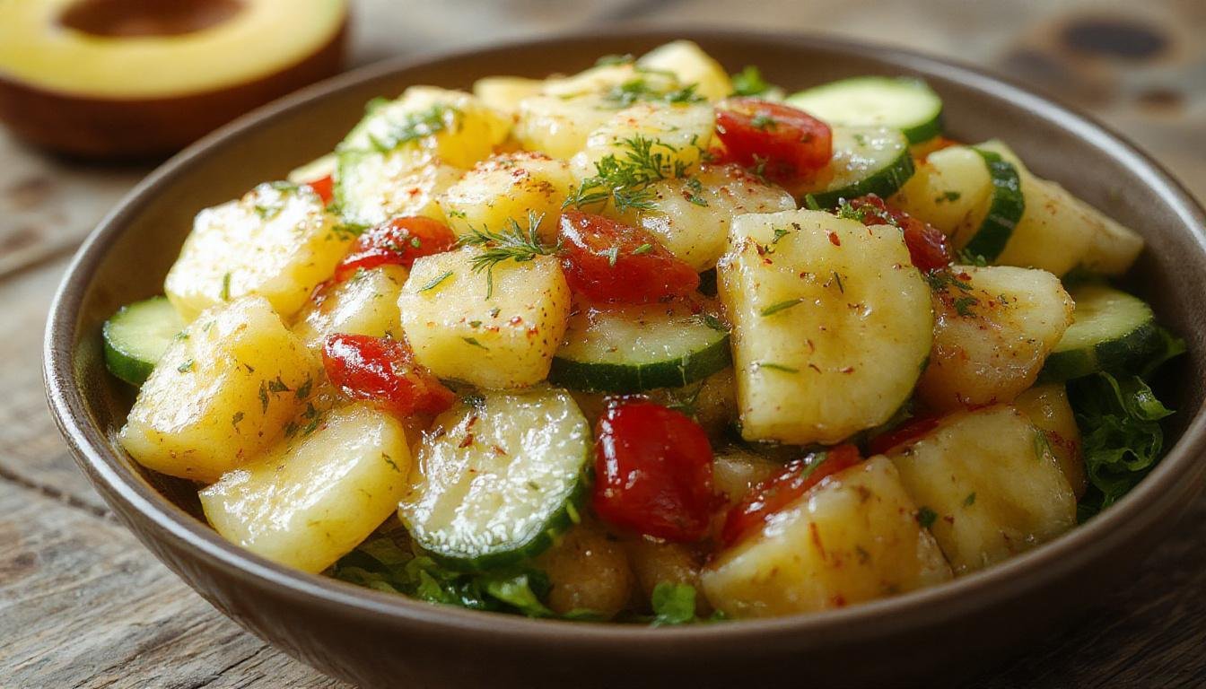 A vibrant bowl of tropical pineapple cucumber salad featuring bright yellow pineapple chunks, crisp green cucumber slices, and a sprinkle of fresh mint, all tossed in a glossy, tangy dressing. The colorful ingredients are attractively arranged, showcasing the freshness and textures of the salad, with a light drizzle highlighting its moist and crisp appeal.