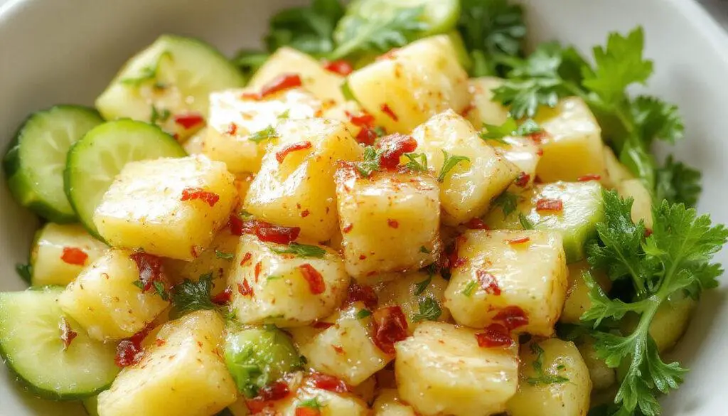 A vibrant bowl of pineapple and cucumber salad showcasing bright yellow pineapple chunks and crisp green cucumber slices, garnished with fresh mint leaves. The colorful ingredients are arranged attractively on a white plate, highlighting their juicy, fresh textures and the glossy coating of a light dressing.