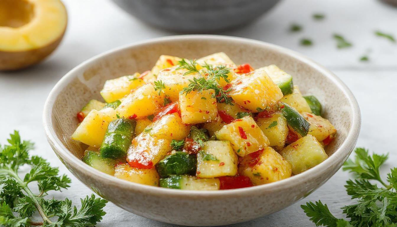 A vibrant pineapple and cucumber salad displayed in a clear glass bowl, showcasing bright yellow pineapple chunks and crisp green cucumber slices, garnished with fresh mint leaves, with a light dressing glistening on the fruit. The colorful ingredients contrast beautifully against a rustic wooden table background.