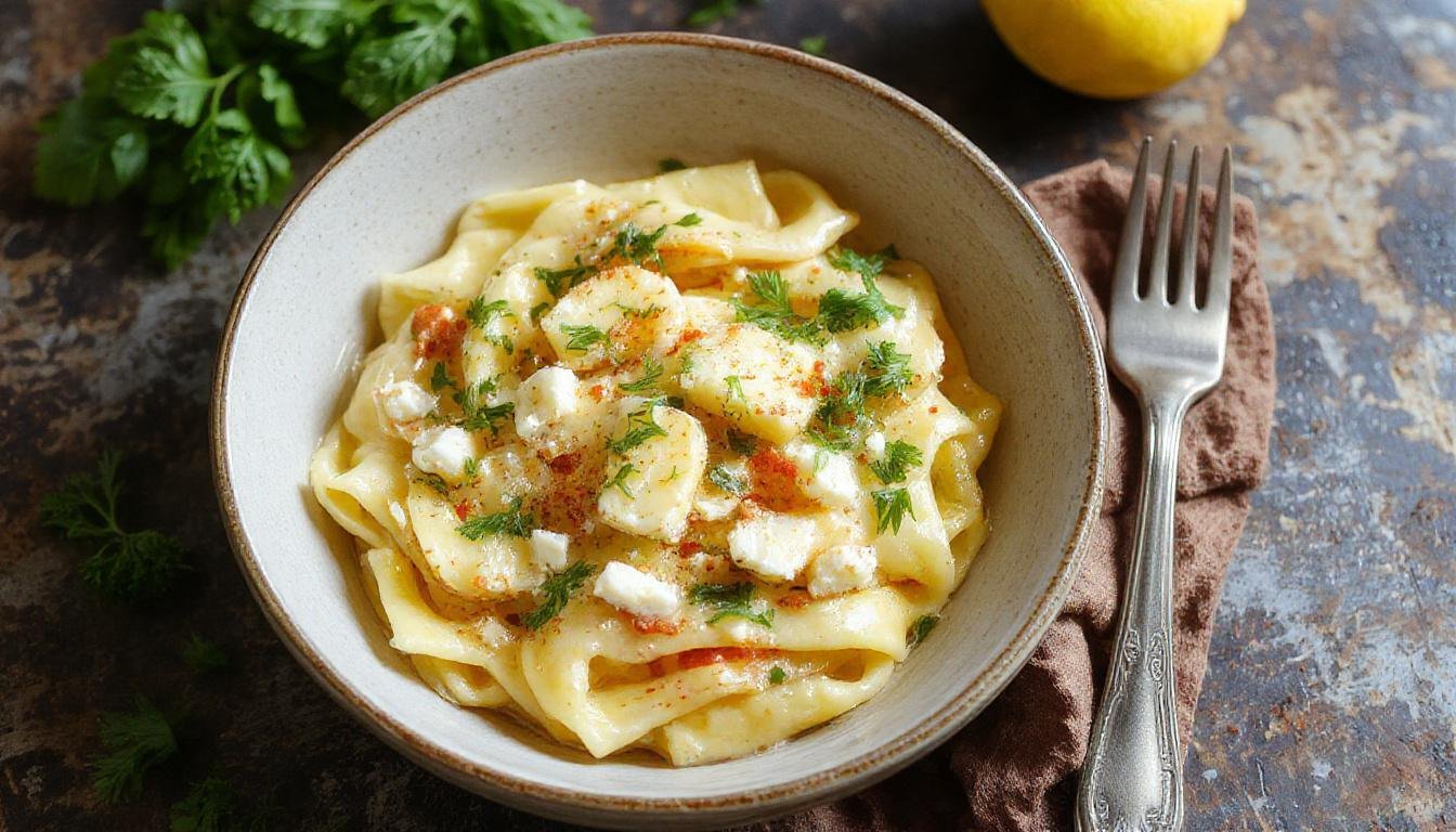 A close-up image of a vibrant plate of Creamy Lemon Feta Pasta featuring al dente pasta tossed with a creamy lemon sauce, topped with crumbled feta cheese, fresh lemon zest, and chopped herbs. The dish is beautifully plated on a white ceramic plate with a lemon wedge on the side, highlighting the bright yellow sauce and the contrasting white feta.