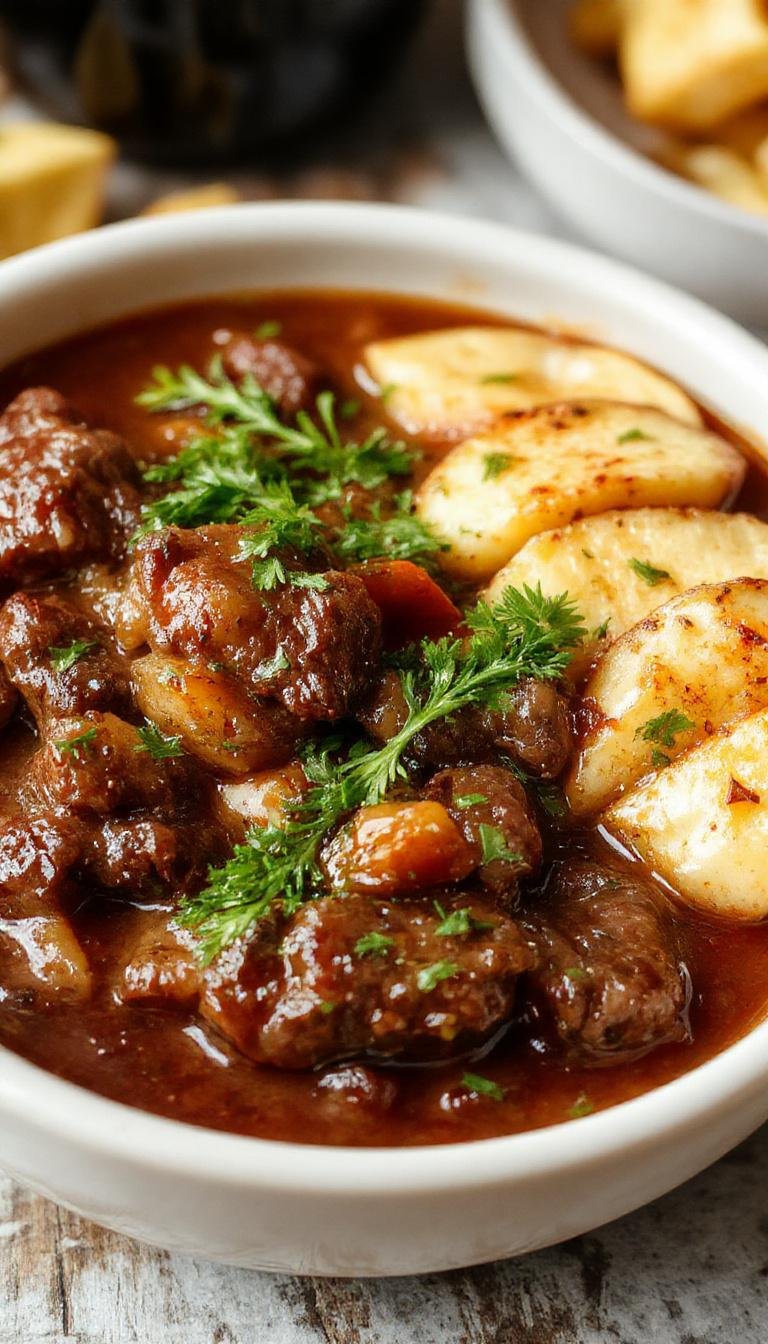 A steaming bowl of French Red Wine Beef Stew topped with fresh herbs, showcasing tender beef chunks, carrots, potatoes, and a rich, savory sauce