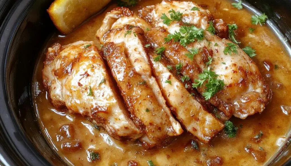 A close-up of tender, juicy Crockpot Mississippi Chicken served on a white plate, topped with melted cheese and garnished with fresh herbs. The chicken appears moist and flavorful, with a glossy sauce surrounding it, and is accompanied by colorful vegetables and a side of mashed potatoes.