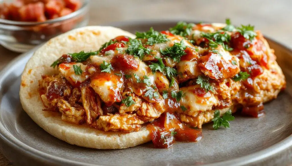 A close-up of shredded pulled chicken coated in vibrant red and orange spices, served on a rustic plate with garnishes of fresh cilantro and lime wedges, highlighting its juicy texture and flavorful appearance.