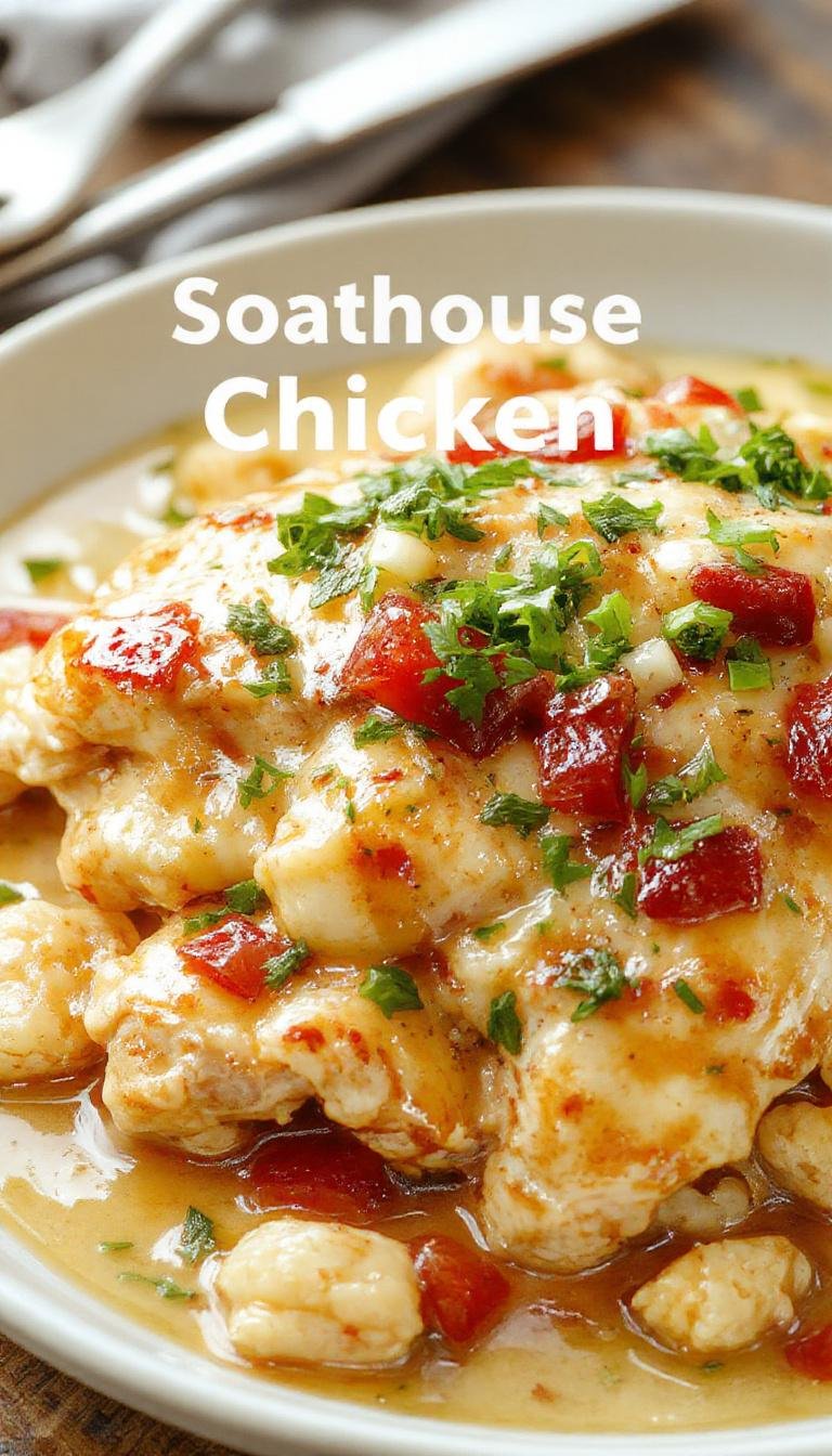A plate of juicy, golden-brown smothered chicken topped with melted cheese and sautéed onions, garnished with fresh herbs, served alongside mashed potatoes and vibrant vegetables. The dish is plated on a rustic white dish with a fork and knife beside it, highlighting its hearty and comforting appeal.