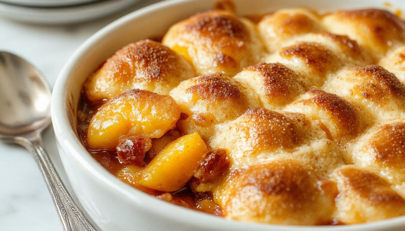 A warm, golden-brown peach cobbler topped with a bubbly, flaky crust, served in a rustic white dish with slices revealing juicy peaches inside. Steam rises from the freshly baked dessert, set on a wooden surface with a scattering of cinnamon and fresh mint leaves for garnish.