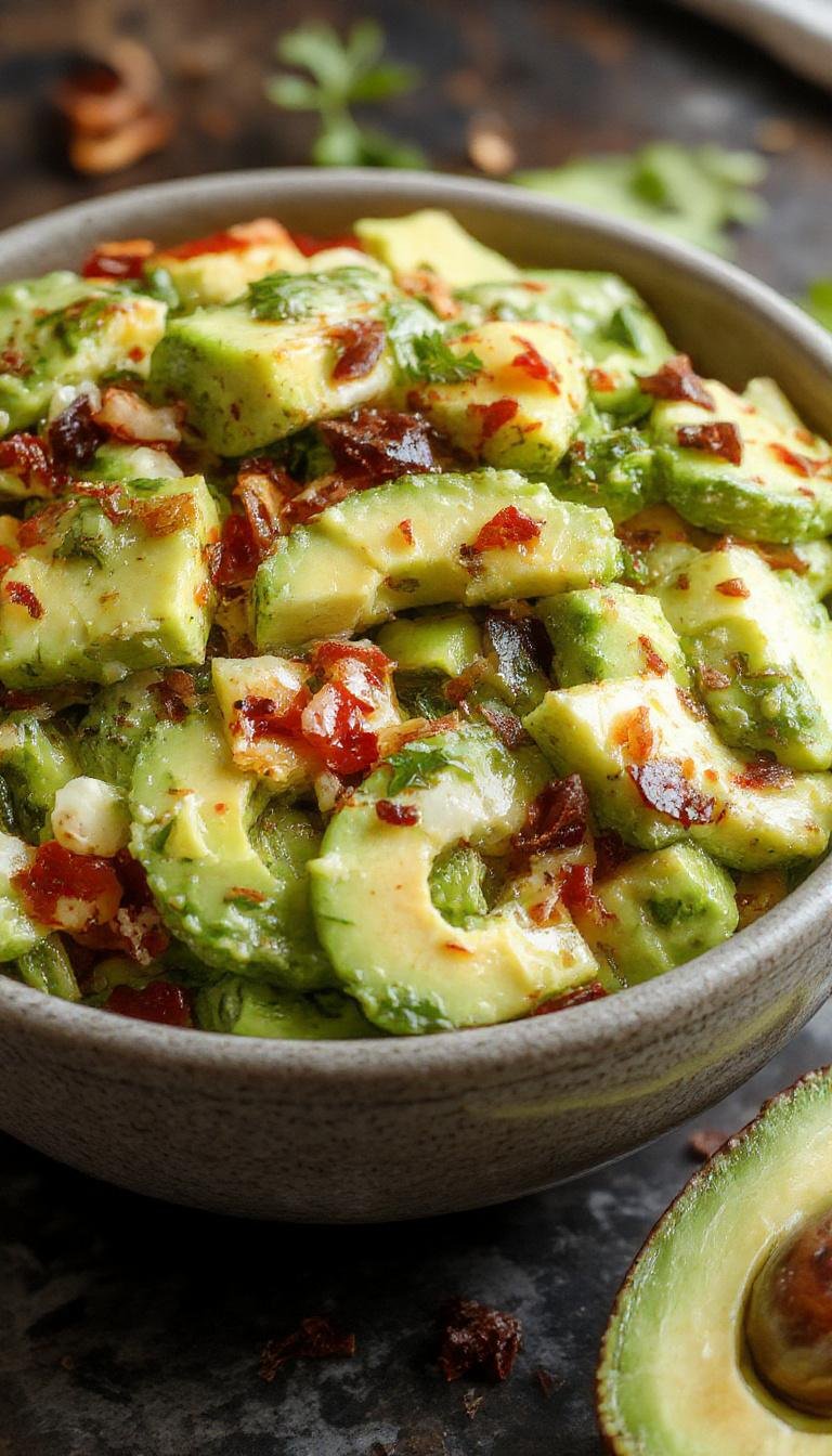 A vibrant avocado salad featuring sliced ripe avocados, cherry tomatoes, red onions, fresh herbs, and a light vinaigrette