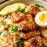 A vibrant bowl of Bang Bang Chicken with crispy chicken pieces coated in a creamy sauce, garnished with sliced green onions and sesame seeds.