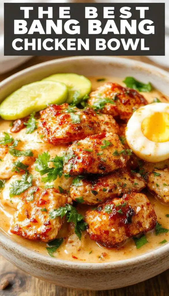 A vibrant bowl of Bang Bang Chicken with crispy chicken pieces coated in a creamy sauce, garnished with sliced green onions and sesame seeds.