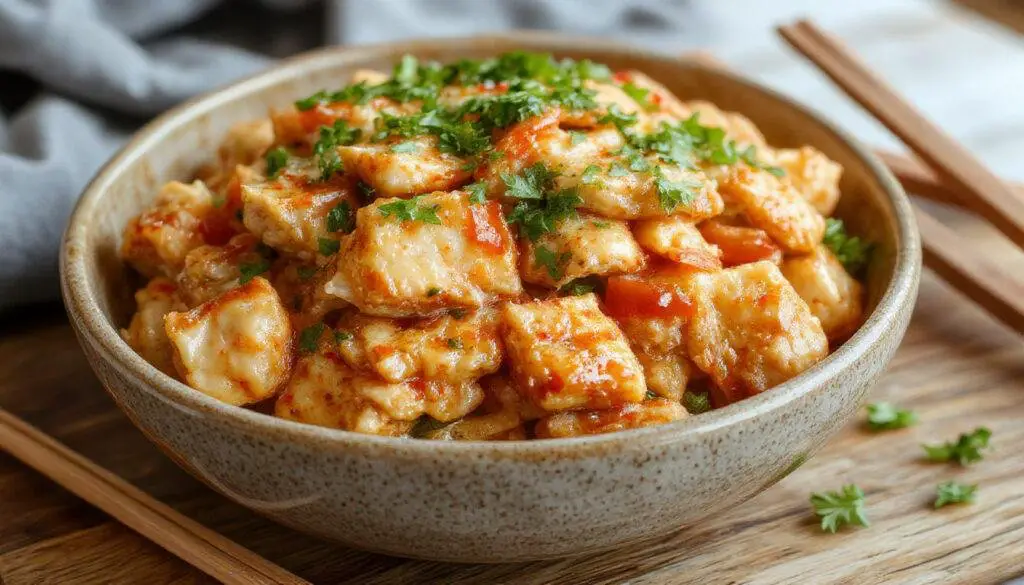 A vibrant plate of homemade chicken chow mein featuring stir-fried noodles coated in savory sauce, topped with sliced chicken, colorful bell peppers, green onions, and shredded carrots, arranged beautifully on a white oval dish with a glossy finish.