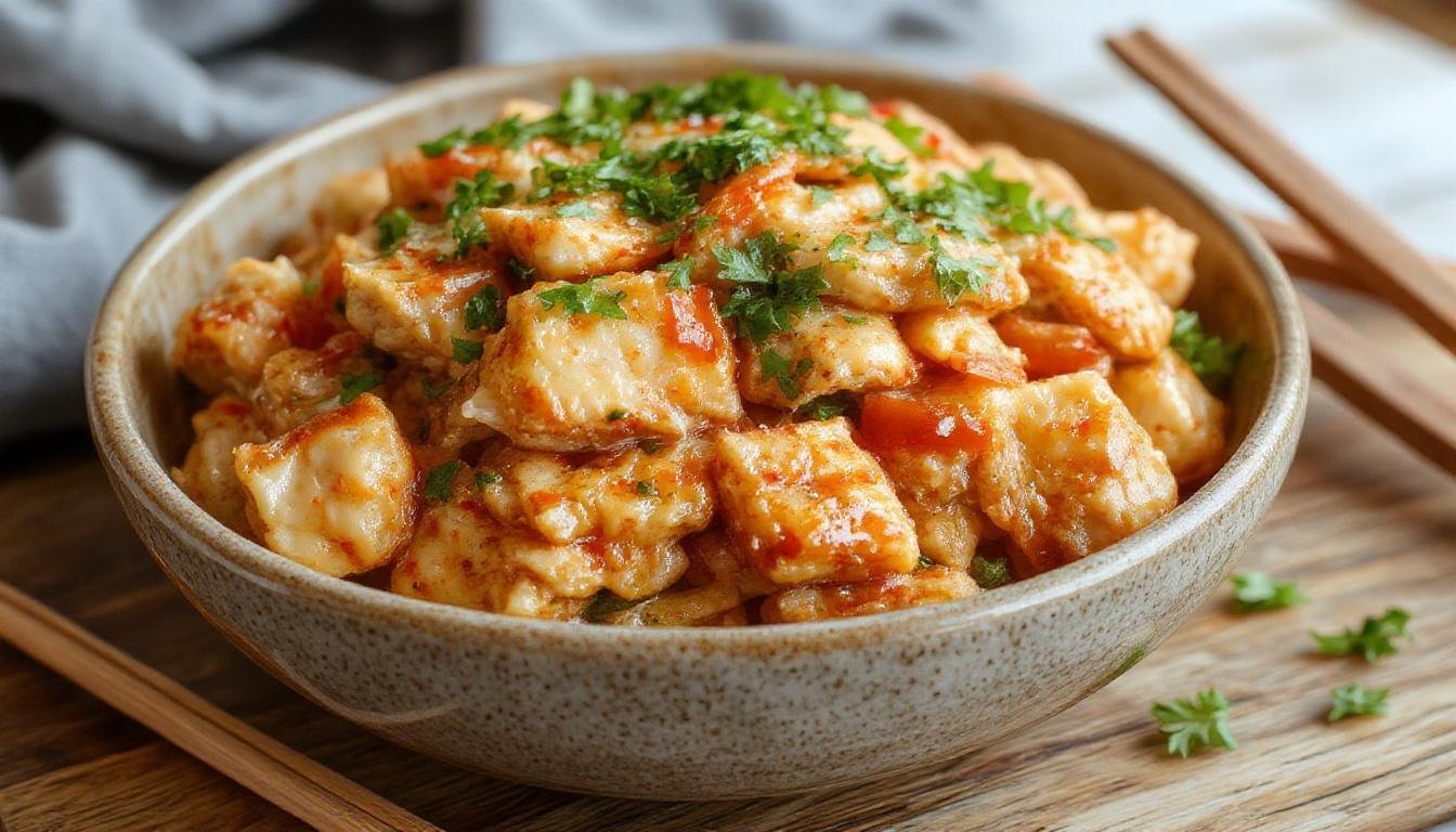 A vibrant plate of homemade chicken chow mein featuring stir-fried noodles coated in savory sauce, topped with sliced chicken, colorful bell peppers, green onions, and shredded carrots, arranged beautifully on a white oval dish with a glossy finish.
