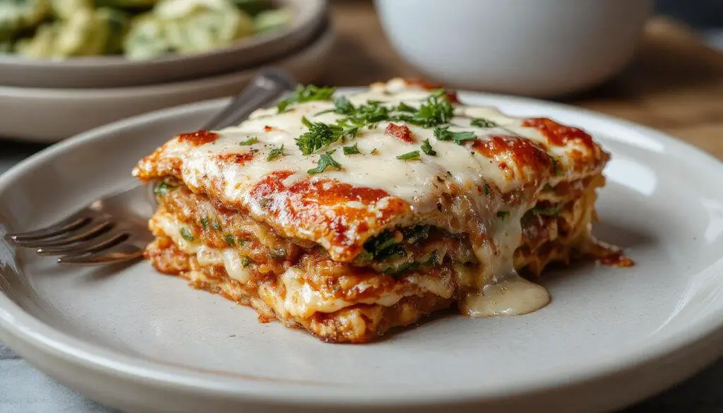 A layered homemade lasagna served on a rustic ceramic plate. The golden-brown cheese crust is bubbly and slightly browned around the edges, with visible layers of creamy ricotta, rich tomato sauce, and tender pasta. Fresh basil leaves garnish the top, adding a vibrant green contrast. The plate sits on a wooden table with a fork beside it, and a glass of red wine in the background.