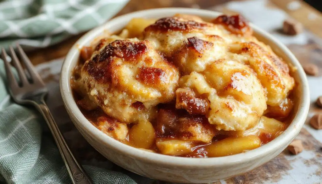 A warm, golden-brown peach cobbler served in a rustic ceramic dish. Juicy peach filling peeks through a crumbly, buttery topping, garnished with a sprig of mint. The dish is placed on a wooden surface with a fork beside it, steam gently rising from the hot dessert.