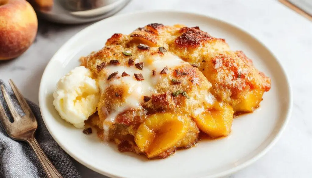 A warm, golden peach cobbler in a rustic ceramic baking dish, topped with a flaky, buttery crust and ripe peach slices peeking through, garnished with a sprinkle of cinnamon and fresh mint, steam rising from the dessert, inviting and comforting.