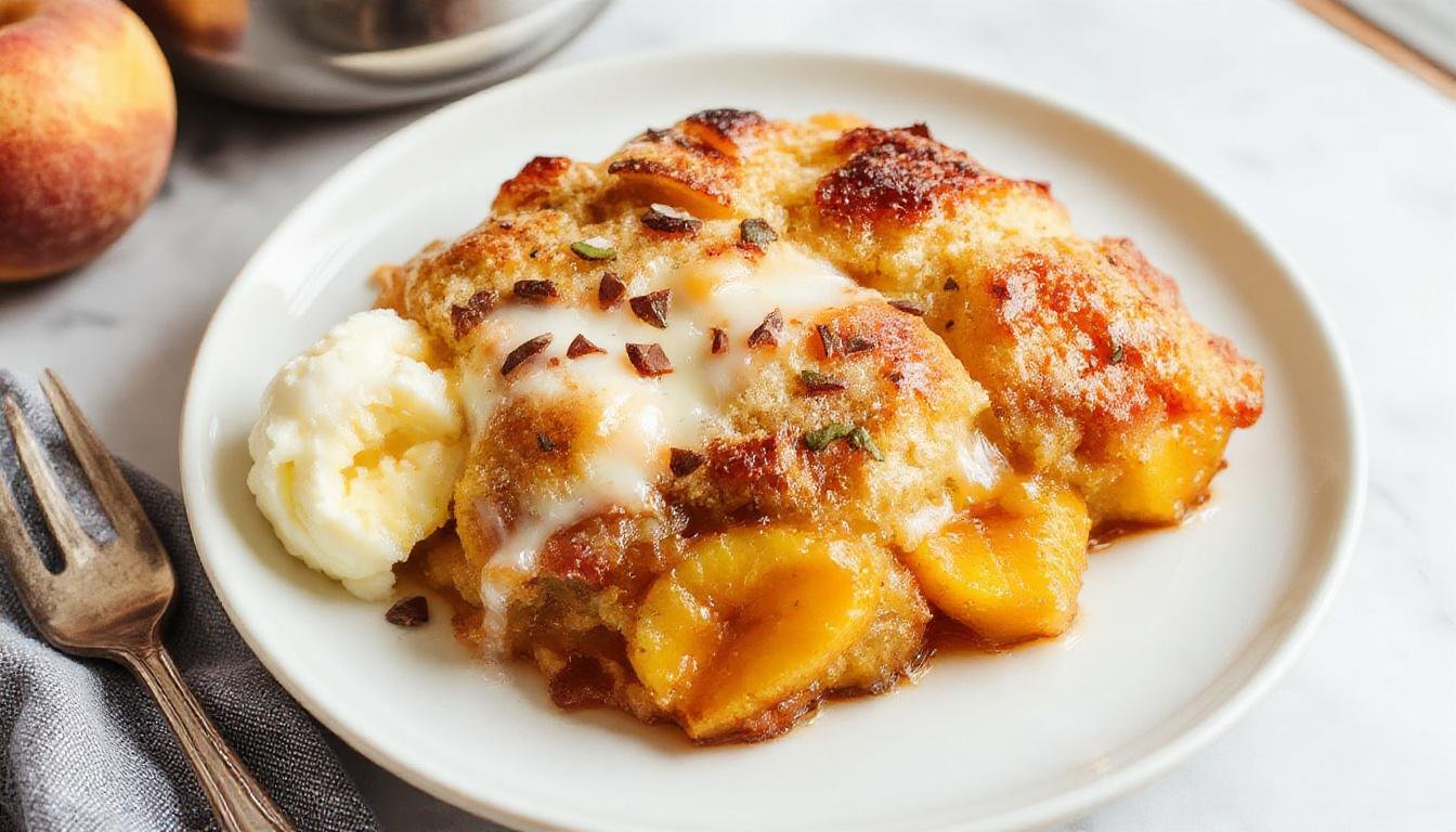 A warm, golden peach cobbler in a rustic ceramic baking dish, topped with a flaky, buttery crust and ripe peach slices peeking through, garnished with a sprinkle of cinnamon and fresh mint, steam rising from the dessert, inviting and comforting.