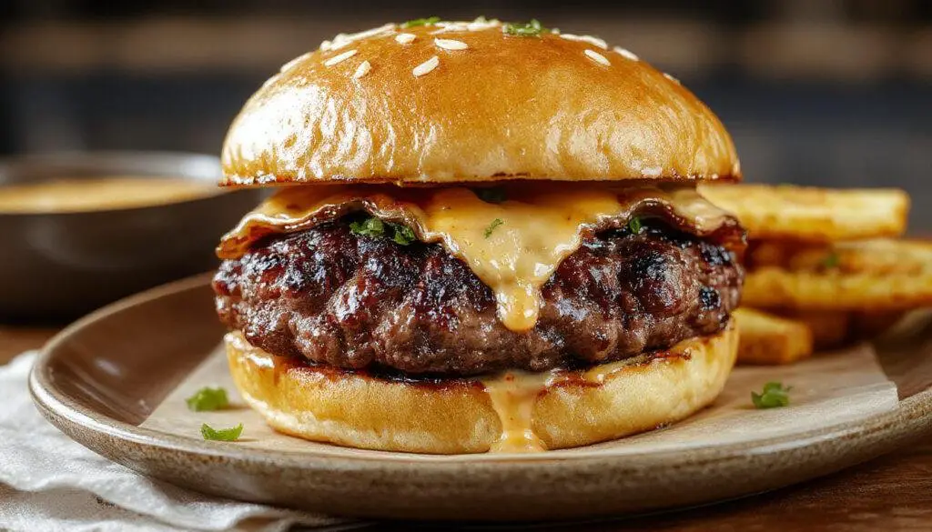 A close-up of a juicy, stacked Crack Burger with melted cheese oozing over the seasoned beef patty, crispy bacon strips, fresh lettuce, sliced tomatoes, and a glossy sesame seed bun. The burger is presented on a rustic wooden board, with the ingredients beautifully layered and invitingly styled.