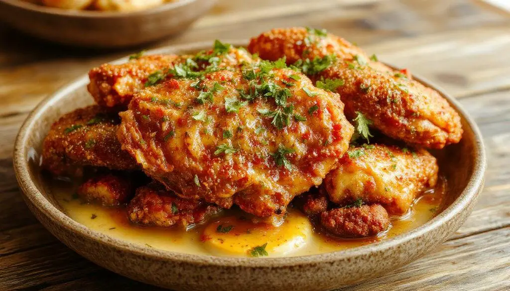 A golden-brown, crispy Southern fried chicken drumstick and breast on a rustic plate, garnished with a sprinkle of herbs. The chicken's crunchy coating contrasts with the tender meat inside, all set against a warm wooden table with a side of creamy mashed potatoes and fresh green beans.