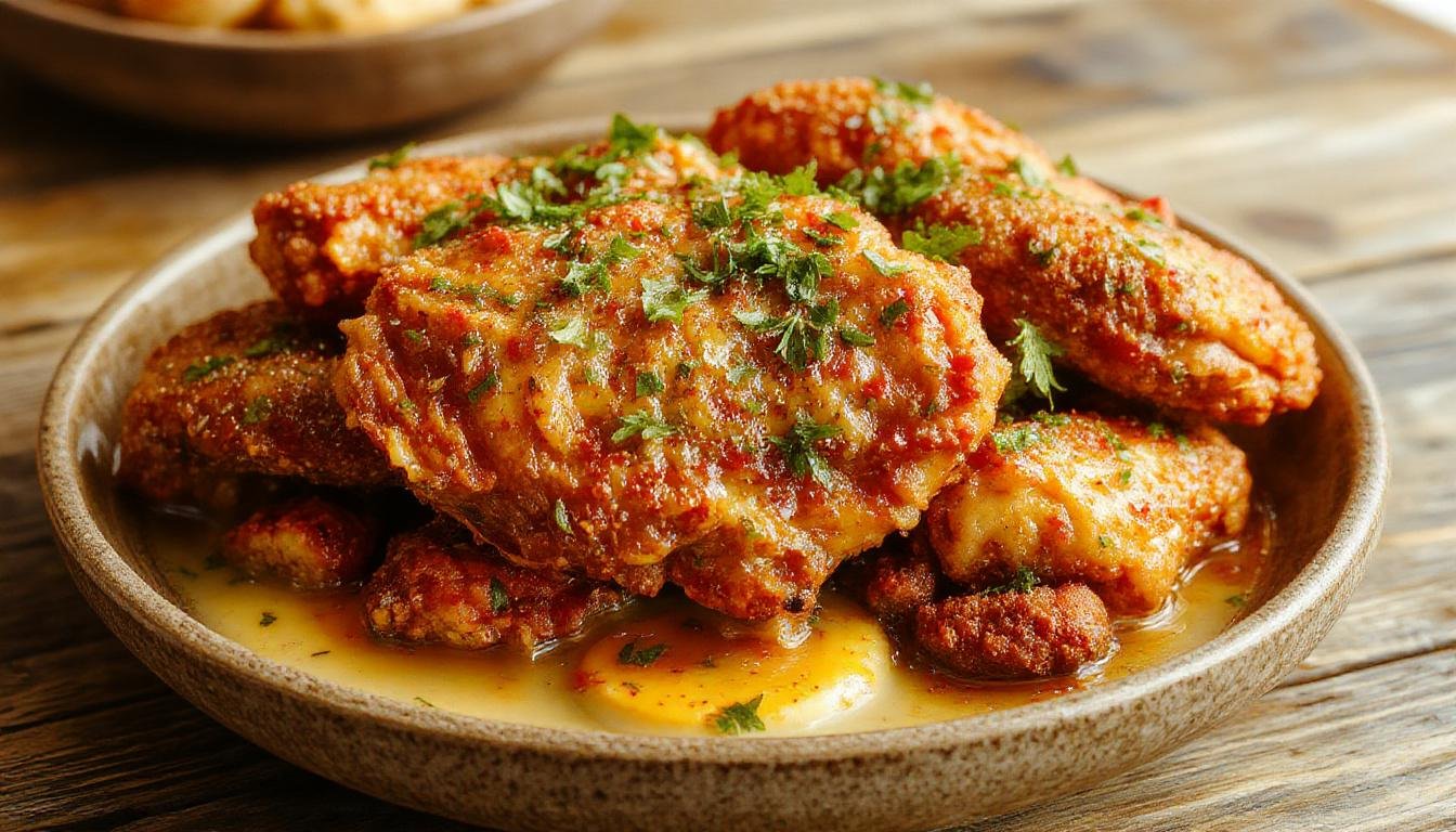 A golden-brown, crispy Southern fried chicken drumstick and breast on a rustic plate, garnished with a sprinkle of herbs. The chicken's crunchy coating contrasts with the tender meat inside, all set against a warm wooden table with a side of creamy mashed potatoes and fresh green beans.