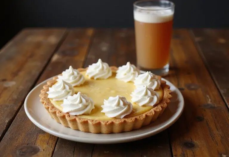 Displaying the finished Three Broomsticks Cream Soda Float Pie with Butterbeer Whipped Cream, emphasizing its creamy texture and inviting look on a rustic wooden table.