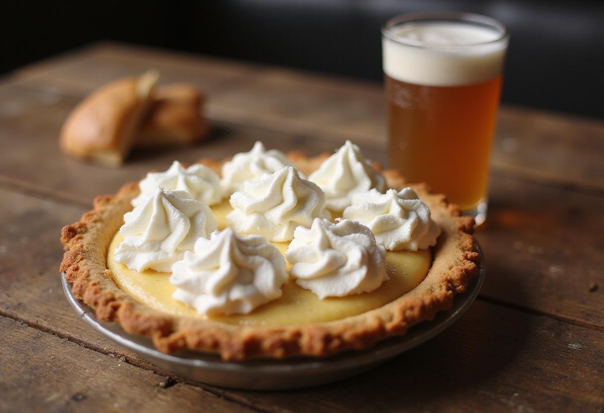 Displaying the finished Three Broomsticks Cream Soda Float Pie with Butterbeer Whipped Cream, emphasizing its creamy texture and inviting look on a rustic wooden table.