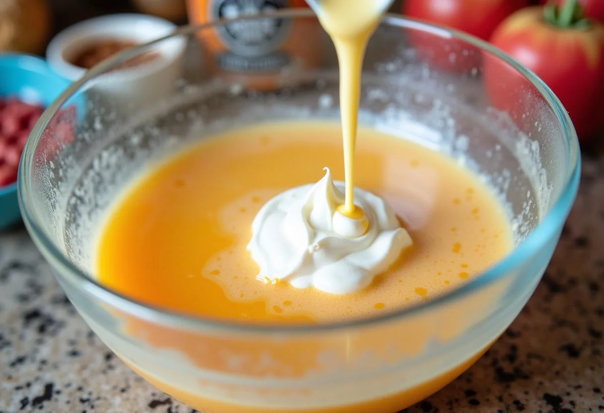 Combining cream soda and condensed milk for a Three Broomsticks Cream Soda Float Pie with Butterbeer Whipped Cream, highlighting the colorful ingredients in the kitchen.