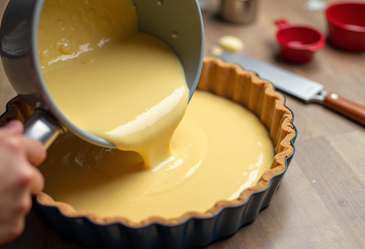 Pouring the creamy filling into the crust for Three Broomsticks Cream Soda Float Pie with Butterbeer Whipped Cream, capturing the bubbly texture of the mixture.