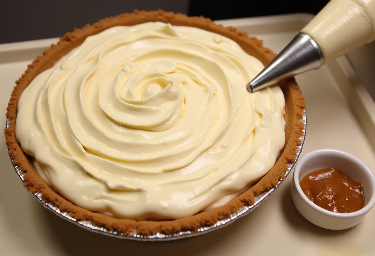 Decorating the Three Broomsticks Cream Soda Float Pie with Butterbeer Whipped Cream, featuring a smooth layer of whipped cream and caramel sauce in a warm kitchen setting.