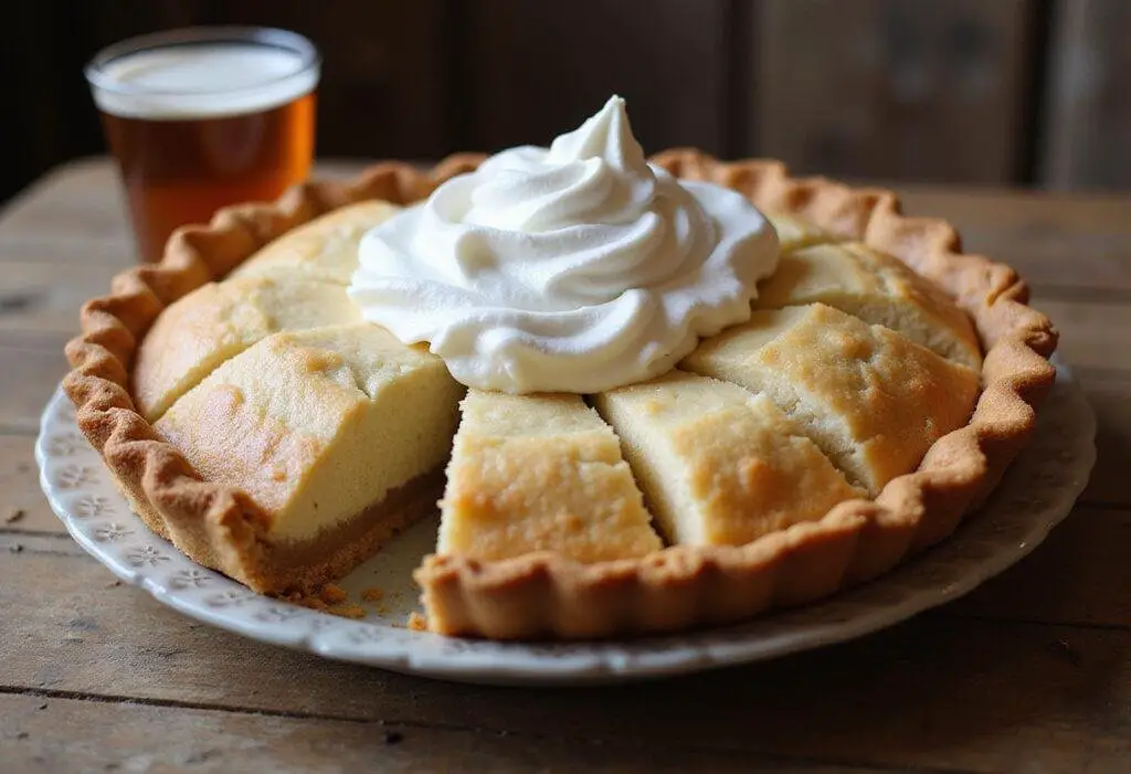 Final presentation of Three Broomsticks Ginger Ale Float Pie with Butterbeer Whipped Cream, showcasing a slice topped with whipped cream and a refreshing glass of ginger ale.