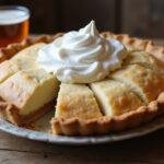 Final presentation of Three Broomsticks Ginger Ale Float Pie with Butterbeer Whipped Cream, showcasing a slice topped with whipped cream and a refreshing glass of ginger ale.