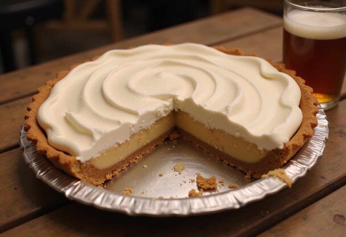 Final presentation of Three Broomsticks Ginger Ale Float Pie with Butterbeer Whipped Cream, showcasing a slice topped with whipped cream and a refreshing glass of ginger ale.