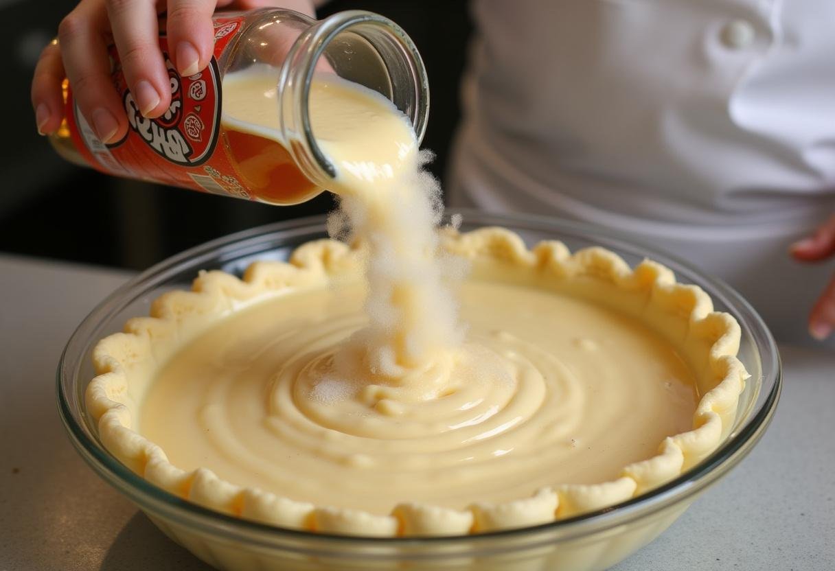 Whimsical preparation of Three Broomsticks Ginger Ale Float Pie, with ginger ale being added to creamy filling for a fizzy result.