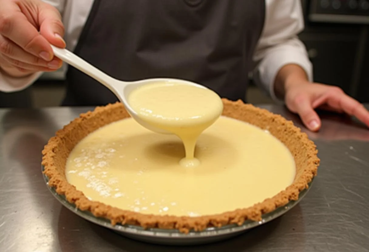 Filling preparation of Three Broomsticks Ginger Ale Float Pie, featuring a bubbly mixture being poured into a graham cracker crust.