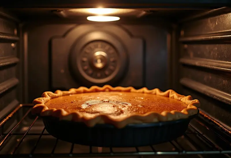 Three Broomsticks Ginger Ale Float Pie baking in the oven, with a chef setting the timer amidst a delightful kitchen aroma.