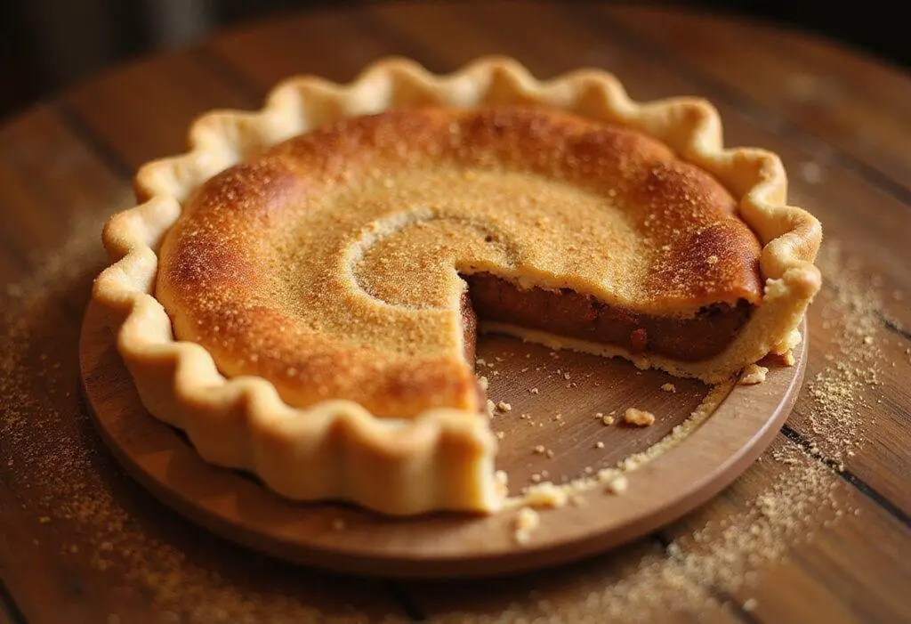 Deliciously baked Three Broomsticks Sweet Cinnamon Pie with Golden Dust elegantly presented on a rustic table, highlighting its golden appearance and inviting aroma.