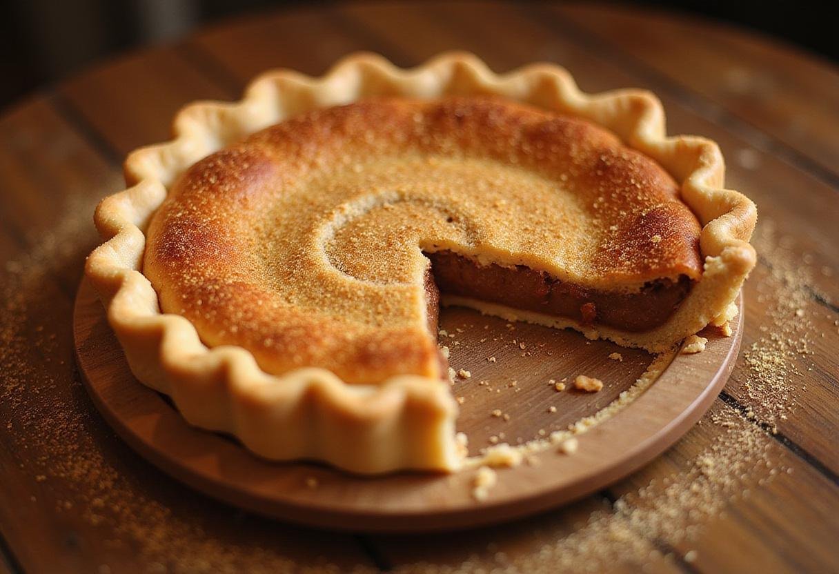 Deliciously baked Three Broomsticks Sweet Cinnamon Pie with Golden Dust elegantly presented on a rustic table, highlighting its golden appearance and inviting aroma.