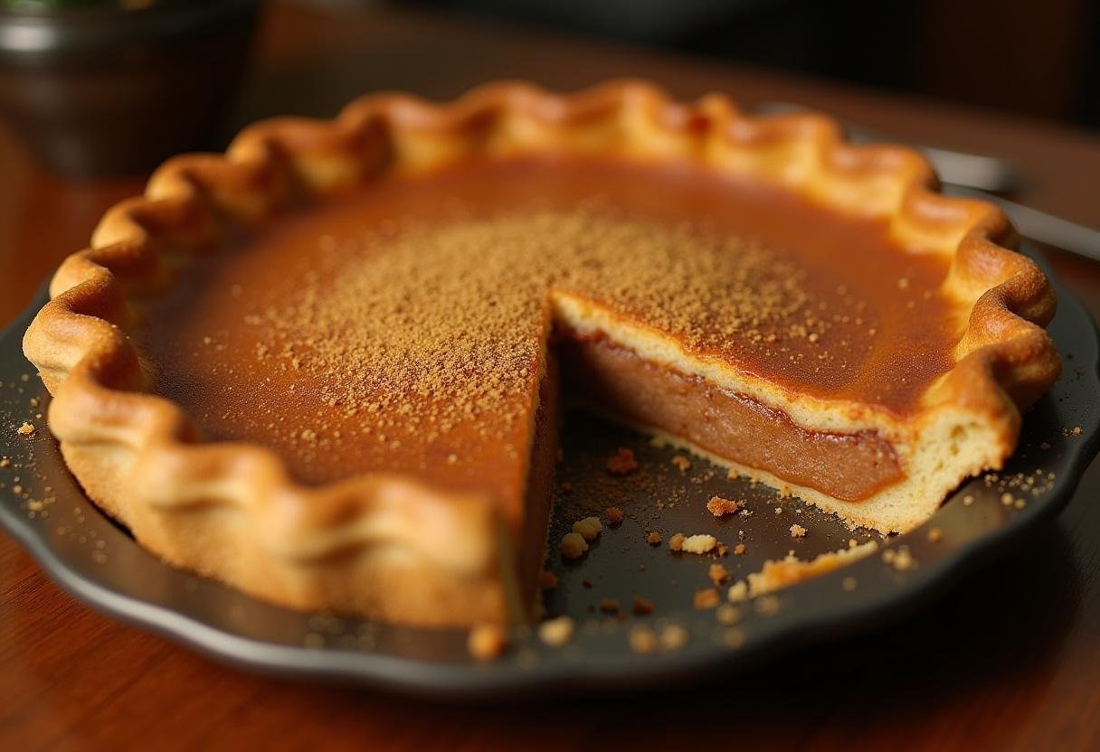 Deliciously baked Three Broomsticks Sweet Cinnamon Pie with Golden Dust elegantly presented on a rustic table, highlighting its golden appearance and inviting aroma.