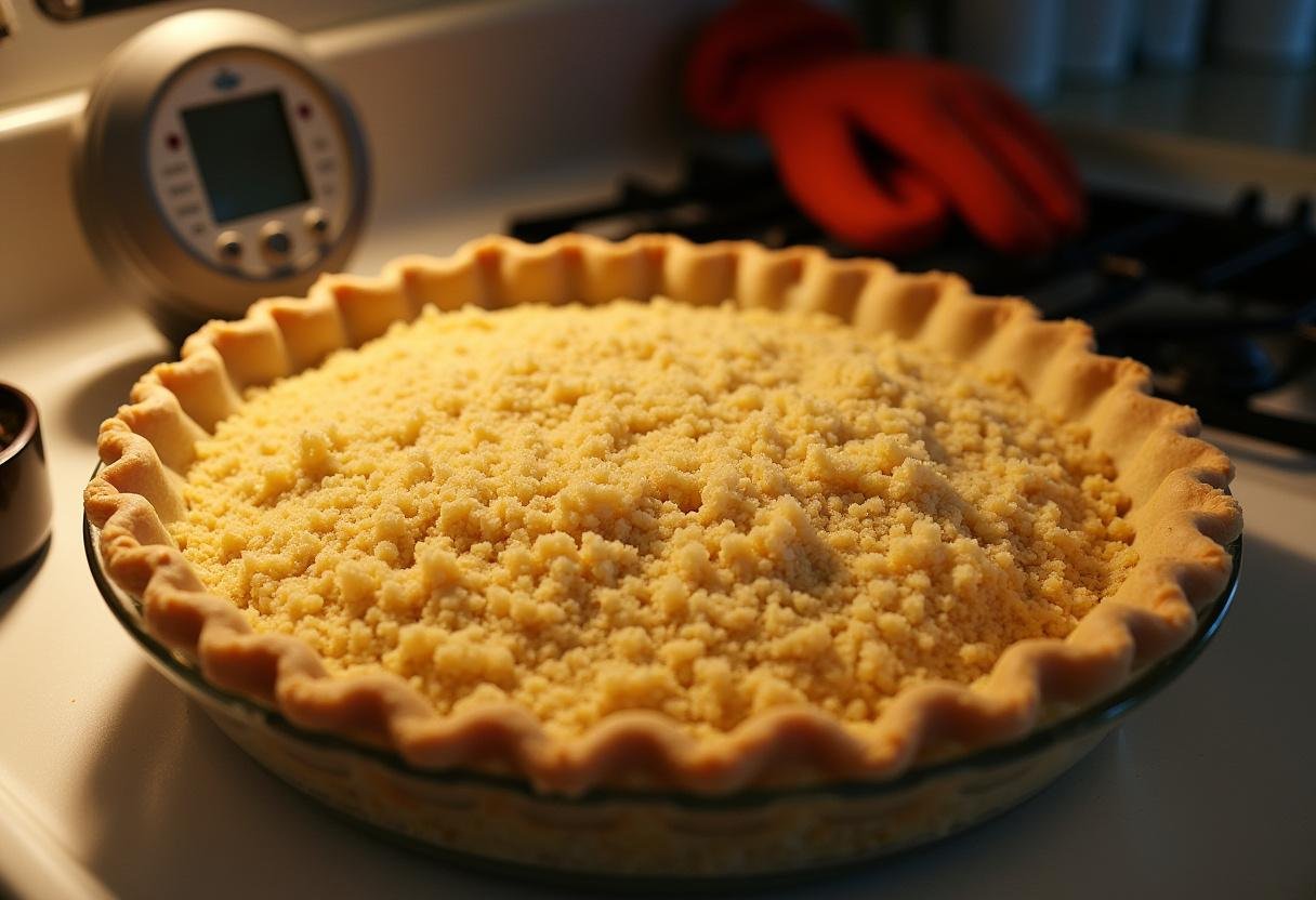 Preparing to bake the Three Broomsticks Sweet Cinnamon Pie with Golden Dust, showcasing the assembled pie topped with crumb mixture in a preheated oven.