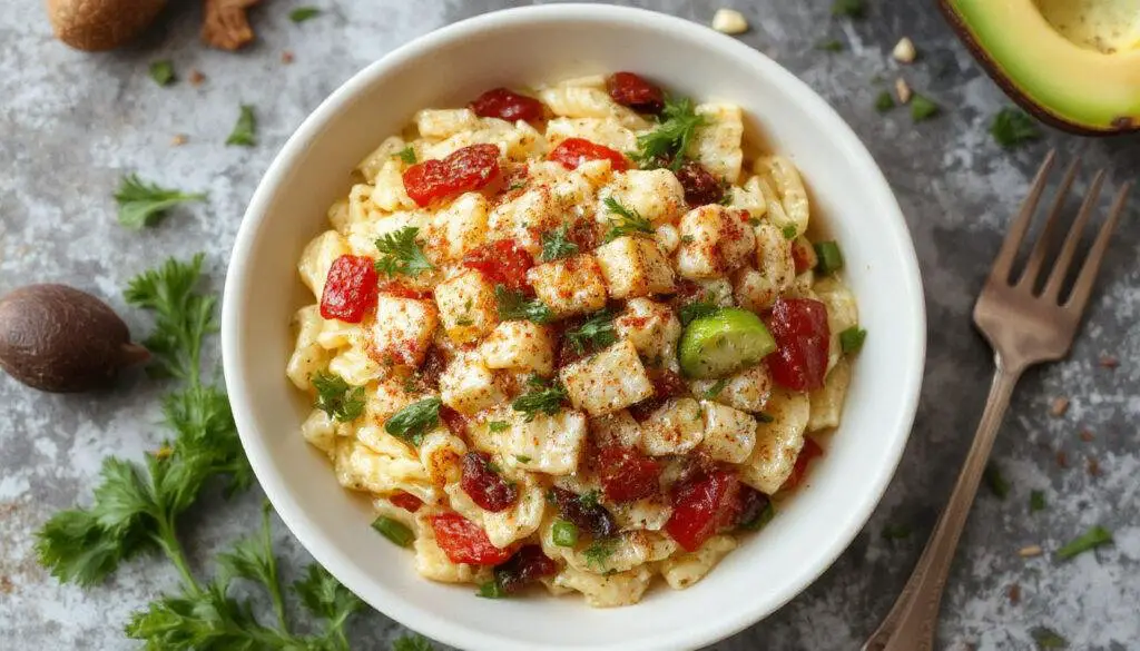 A close-up of a colorful bowl of hidden veggie orzo pasta, featuring small, tender orzo grains mixed with bright, finely chopped vegetables such as carrots, peas, and zucchini, garnished with a sprinkle of fresh herbs. The vibrant vegetables contrast with the creamy sauce, creating an inviting and wholesome presentation.