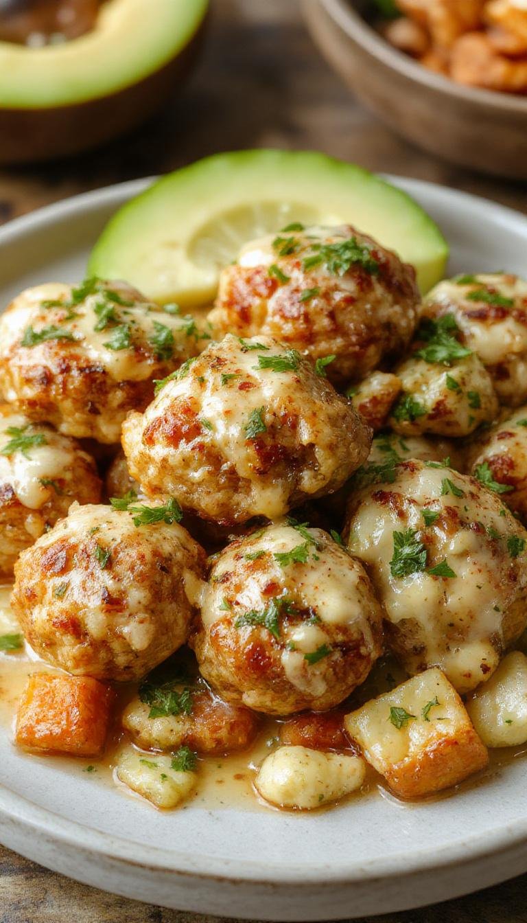 A close-up of golden-brown chicken meatballs coated in shredded coconut, served on a white plate garnished with fresh herbs. The meatballs are arranged neatly with a few sprigs of cilantro and lime wedges, highlighting their crispy exterior and tropical presentation.