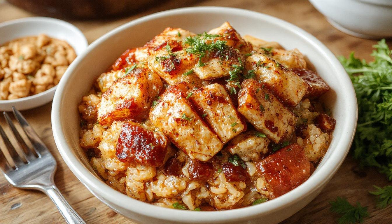 A vibrant Hawaiian Chicken Rice Bowl featuring grilled chicken slices atop fluffy white rice, colorful diced pineapple, green scallions, and a drizzle of teriyaki sauce. The bowl is garnished with sesame seeds and served on a rustic wooden plate, evoking a tropical and savory vibe.