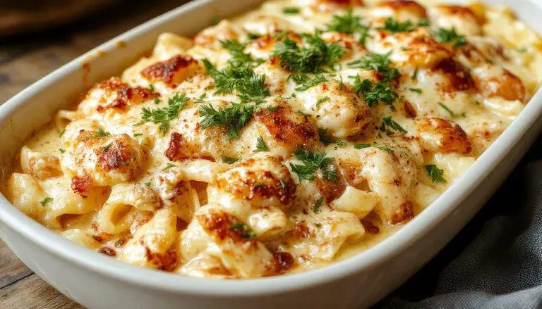 A savory casserole dish featuring golden-brown baked pasta layered with tender chunks of seasoned chicken, creamy cheese sauce, and vibrant Cajun spices. The top is perfectly melted and bubbling, garnished with fresh parsley, served in a rustic bakeware on a wooden table with a fork beside it.