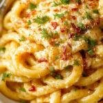 A close-up of a white ceramic plate filled with creamy garlic parmesan pasta, topped with freshly chopped parsley and grated parmesan cheese. The pasta is coated in a rich, buttery sauce with visible flecks of garlic, and the dish is garnished with lemon wedges and black pepper. The background features a rustic wooden table with a drizzle of olive oil and a few garlic cloves scattered around.
