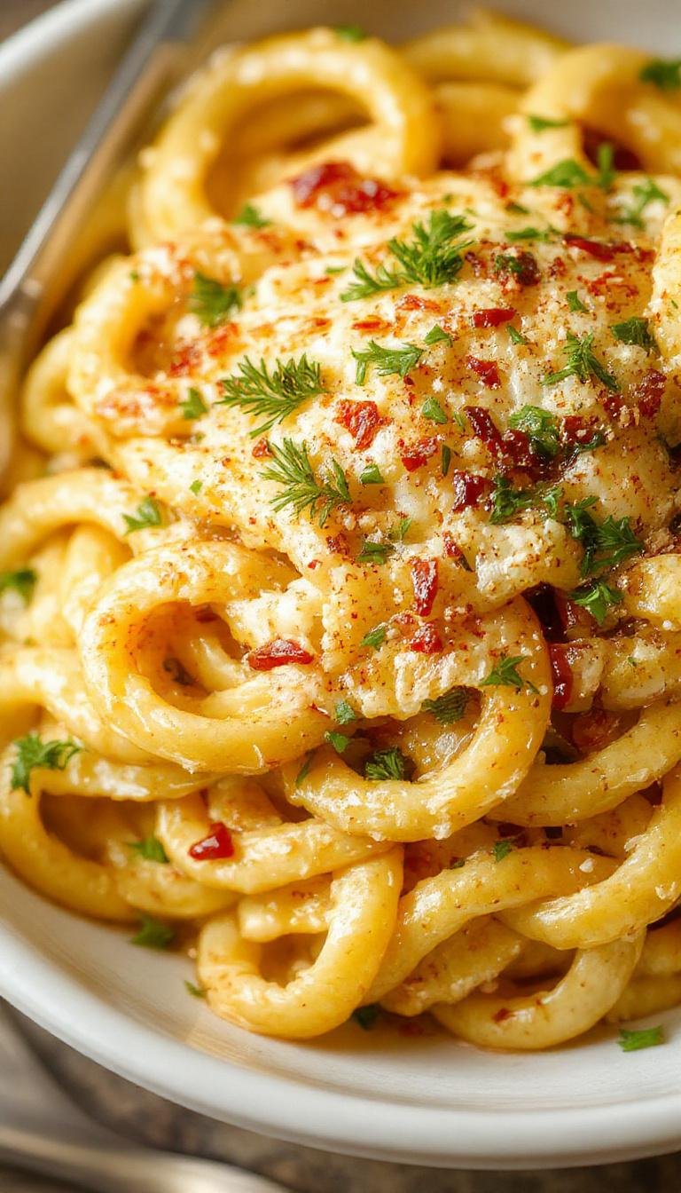 A close-up of a white ceramic plate filled with creamy garlic parmesan pasta, topped with freshly chopped parsley and grated parmesan cheese. The pasta is coated in a rich, buttery sauce with visible flecks of garlic, and the dish is garnished with lemon wedges and black pepper. The background features a rustic wooden table with a drizzle of olive oil and a few garlic cloves scattered around.